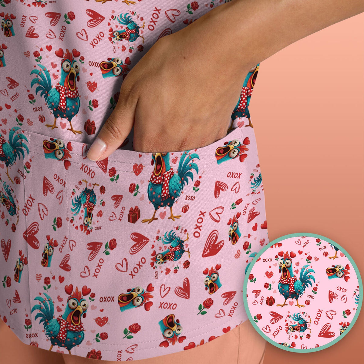 Funny Rooster Valentine Scrub Top, Cute Chicken XOXO Heart Pattern Nurse Shirt, Breathable Fabrics Nursing Uniform