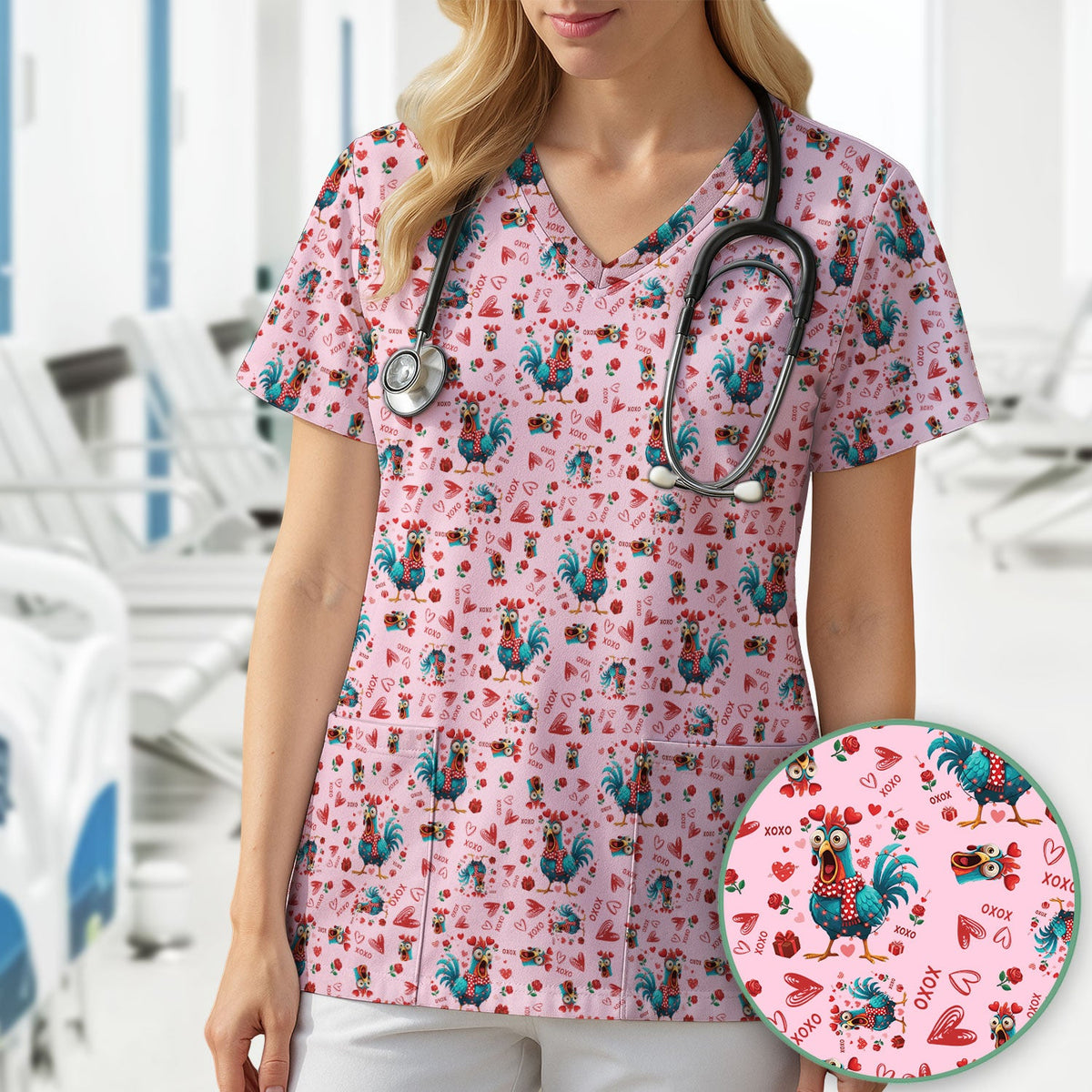 Funny Rooster Valentine Scrub Top, Cute Chicken XOXO Heart Pattern Nurse Shirt, Breathable Fabrics Nursing Uniform