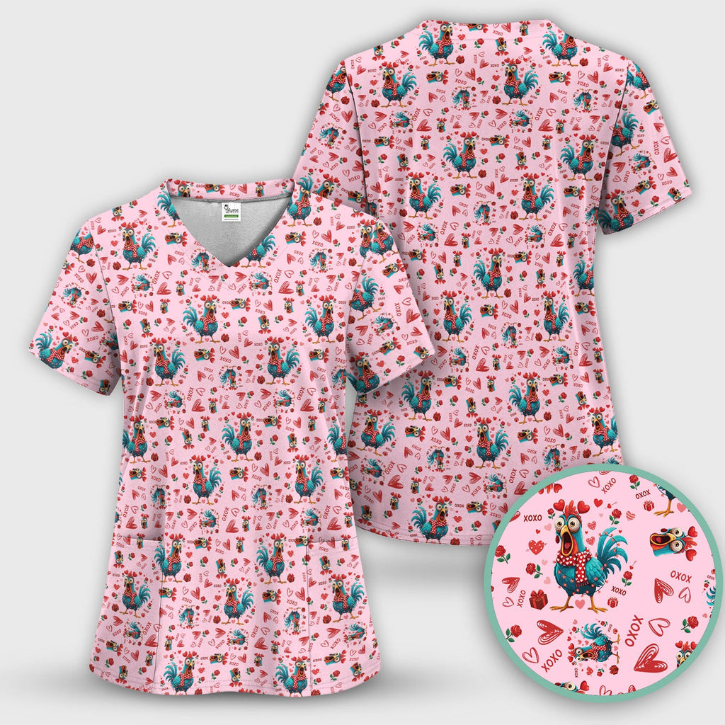 Funny Rooster Valentine Scrub Top, Cute Chicken XOXO Heart Pattern Nurse Shirt, Breathable Fabrics Nursing Uniform
