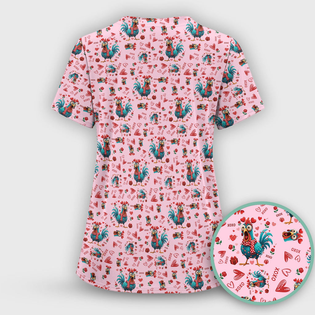 Funny Rooster Valentine Scrub Top, Cute Chicken XOXO Heart Pattern Nurse Shirt, Breathable Fabrics Nursing Uniform
