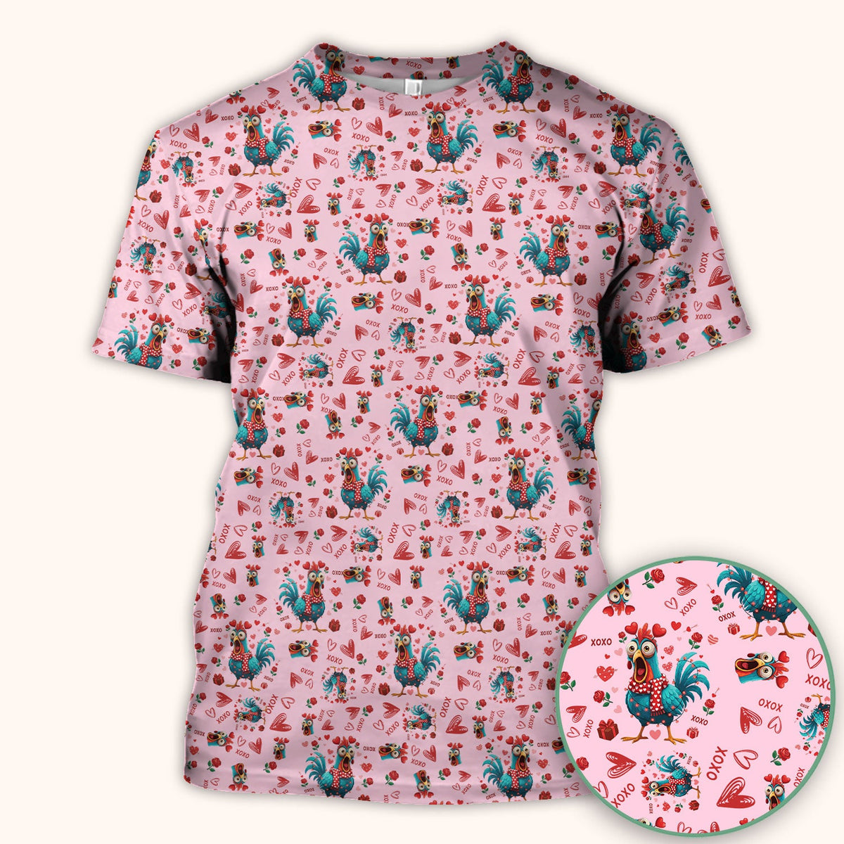 Funny Rooster Valentine Scrub Top, Cute Chicken XOXO Heart Pattern Nurse Shirt, Breathable Fabrics Nursing Uniform