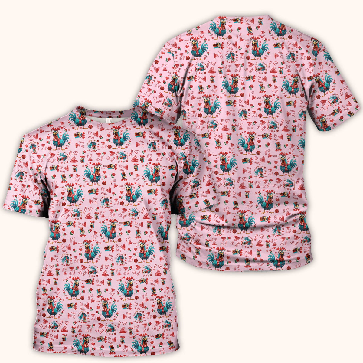Funny Rooster Valentine Scrub Top, Cute Chicken XOXO Heart Pattern Nurse Shirt, Breathable Fabrics Nursing Uniform