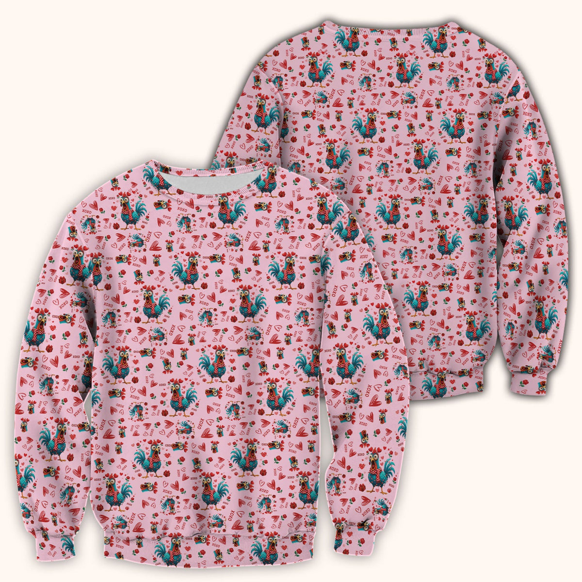 Funny Rooster Valentine Scrub Top, Cute Chicken XOXO Heart Pattern Nurse Shirt, Breathable Fabrics Nursing Uniform