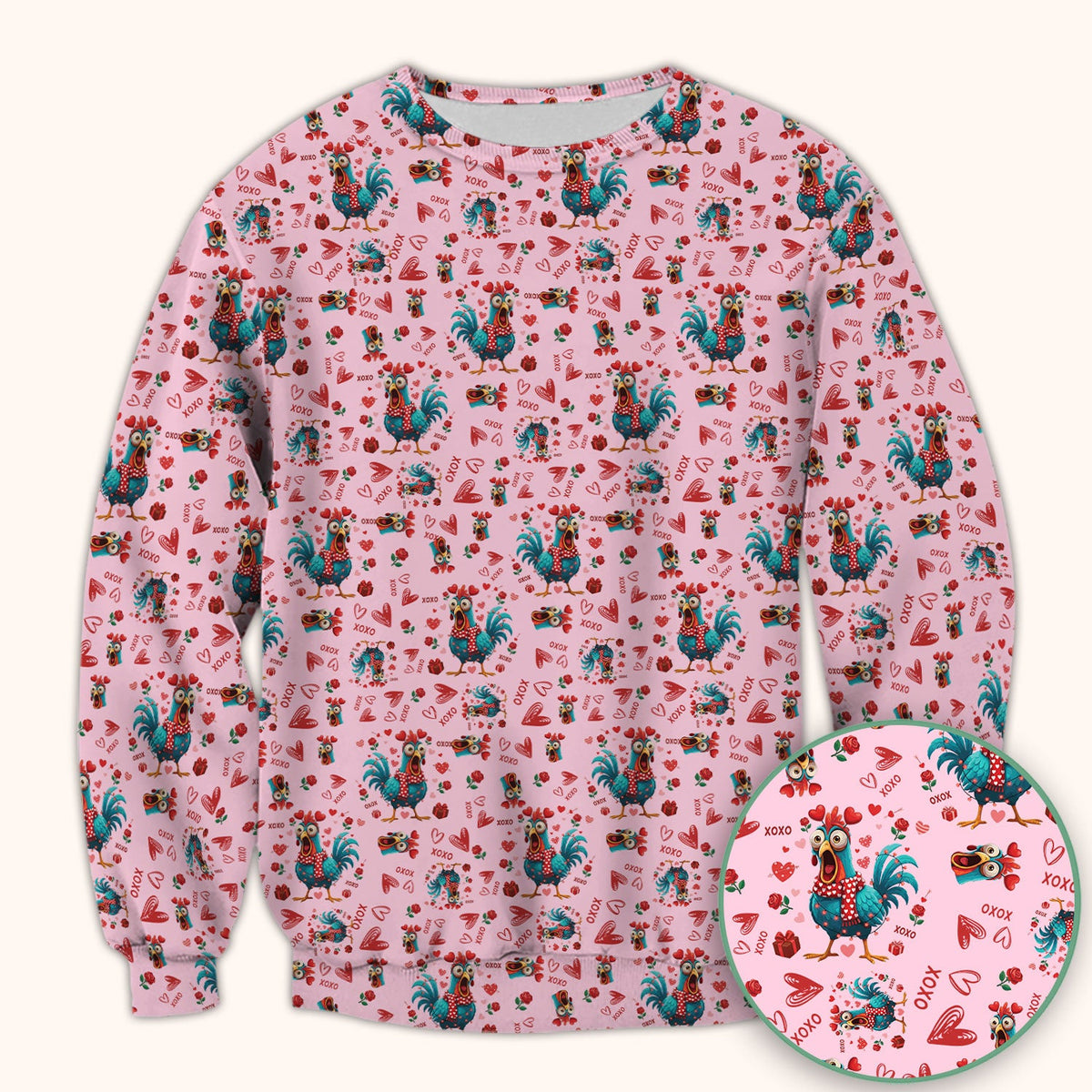 Funny Rooster Valentine Scrub Top, Cute Chicken XOXO Heart Pattern Nurse Shirt, Breathable Fabrics Nursing Uniform
