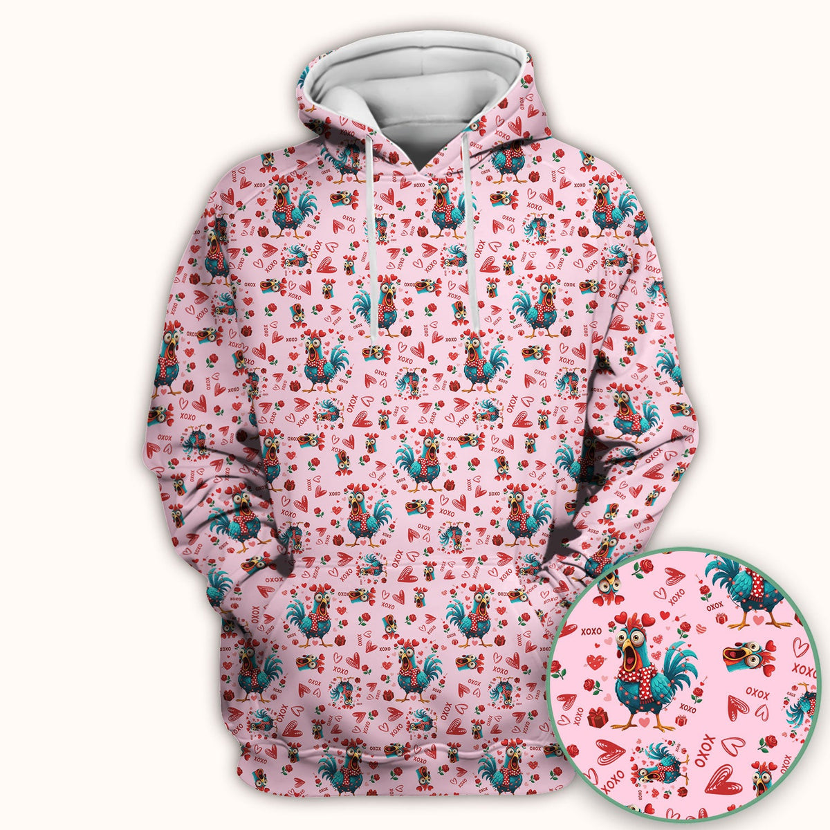 Funny Rooster Valentine Scrub Top, Cute Chicken XOXO Heart Pattern Nurse Shirt, Breathable Fabrics Nursing Uniform