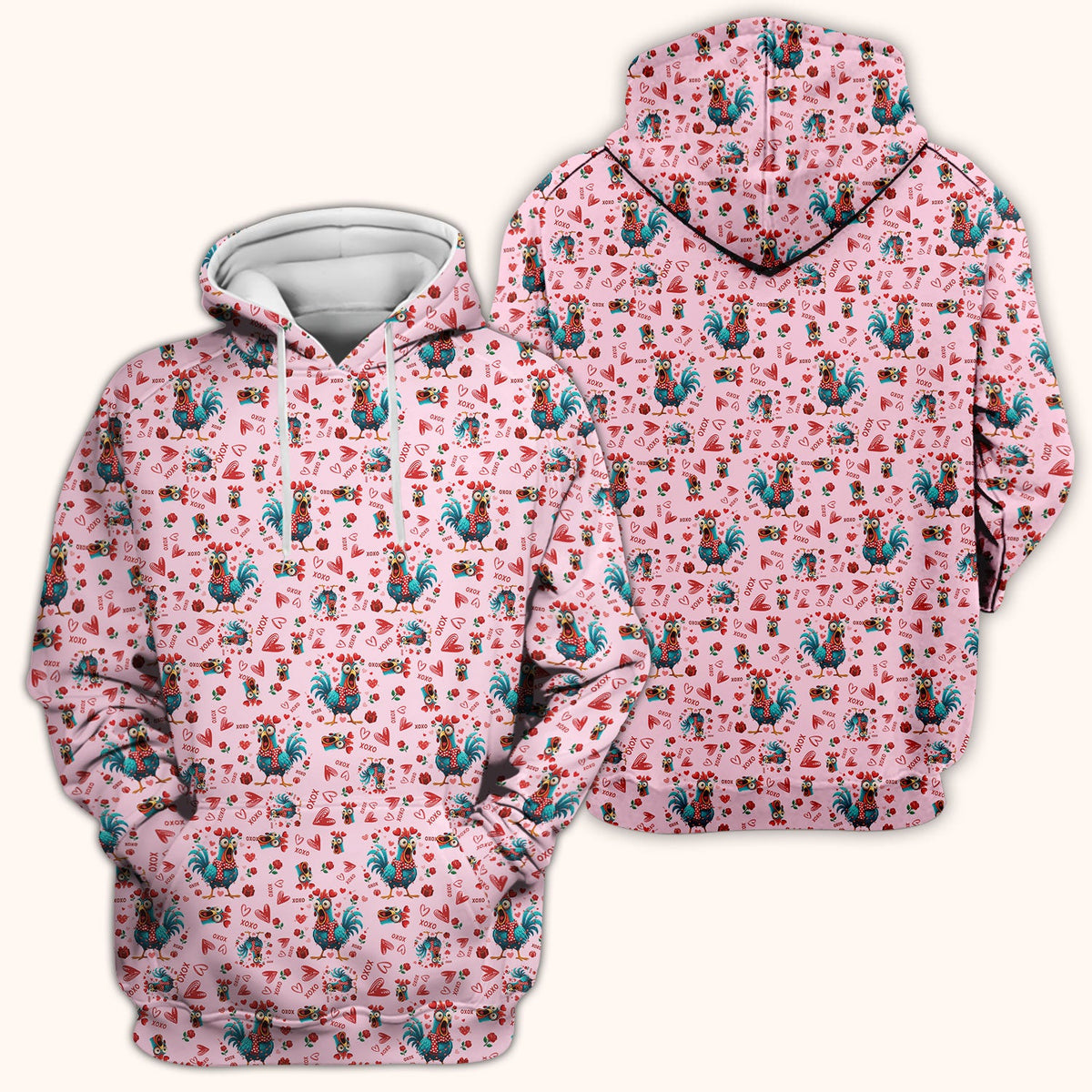 Funny Rooster Valentine Scrub Top, Cute Chicken XOXO Heart Pattern Nurse Shirt, Breathable Fabrics Nursing Uniform