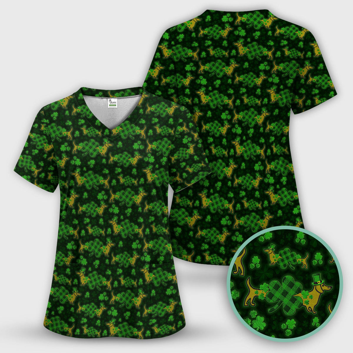 St. Patrick’s Day Dachshund Dog Pattern Scrub Top, Lucky Shamrock Puppy Nurse Scrub Shirt, Green Irish Nursing Uniform