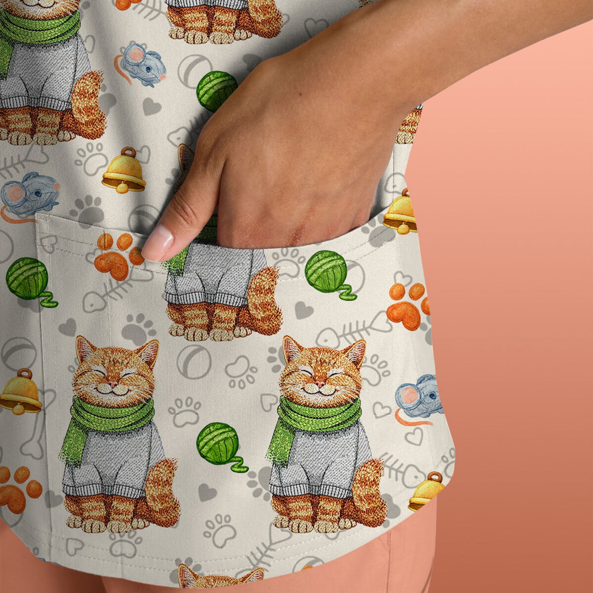 Adorable Cat Lover Nurse Scrub Top, Cute Cat Medical Pattern Shirt, Breathable Fabrics Nursing Uniform