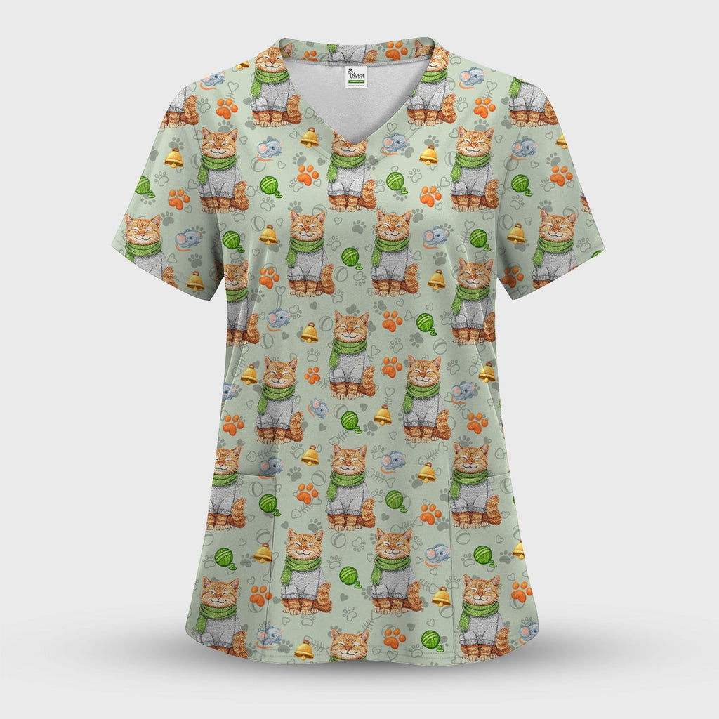 Adorable Cat Lover Nurse Scrub Top, Cute Cat Medical Pattern Shirt, Breathable Fabrics Nursing Uniform