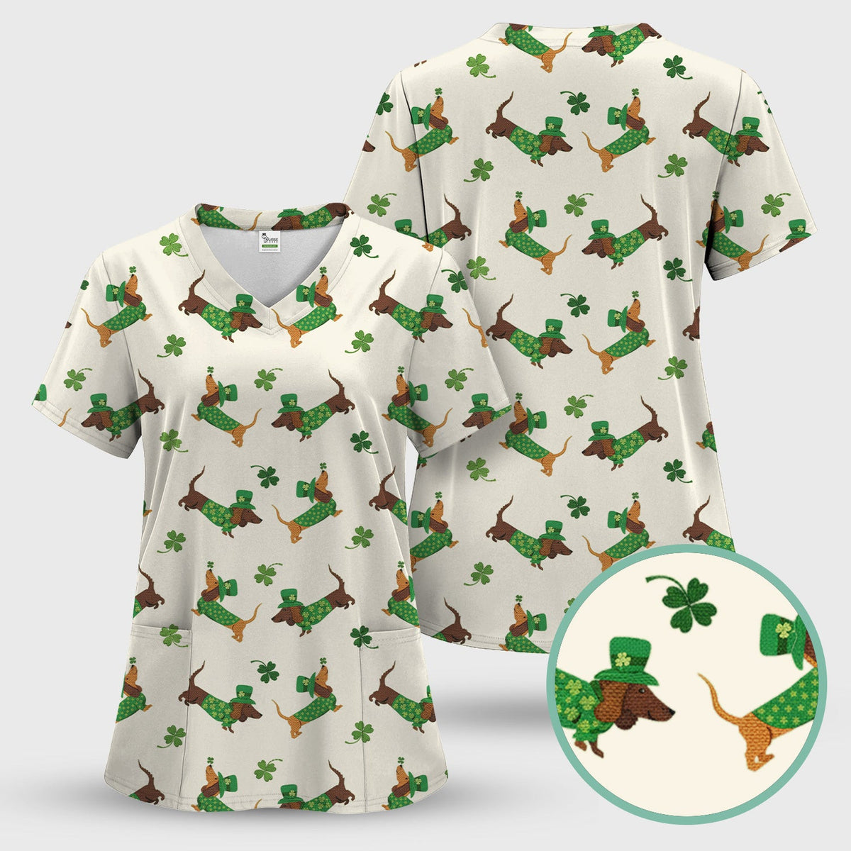 St. Patrick’s Day Dachshund Scrub Top, Funny Wiener Dog Nurse Shirt, Breathable Fabrics Nursing Uniform