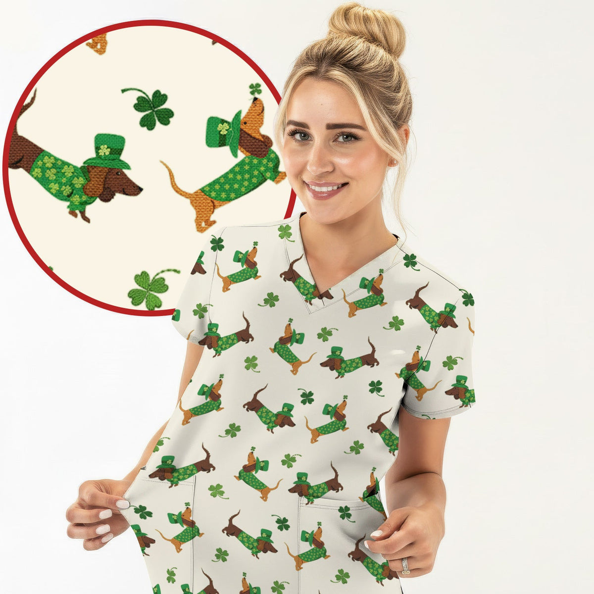 St. Patrick’s Day Dachshund Scrub Top, Funny Wiener Dog Nurse Shirt, Breathable Fabrics Nursing Uniform