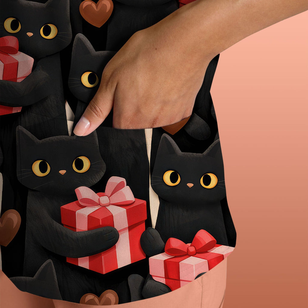 Black Cat Valentine Nurse Scrub Top, Heart Pattern Medical Shirt, Breathable Fabrics Nursing Uniform