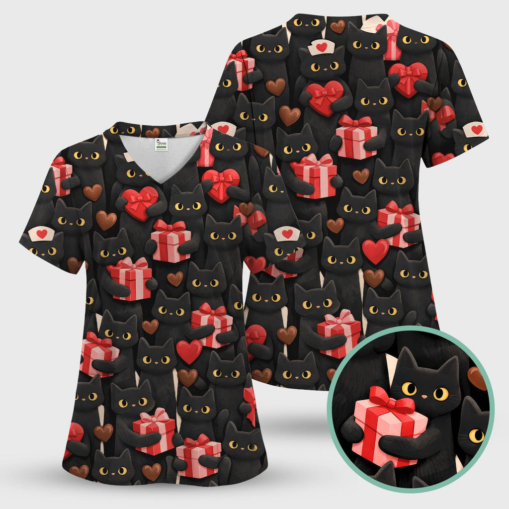 Black Cat Valentine Nurse Scrub Top, Heart Pattern Medical Shirt, Breathable Fabrics Nursing Uniform