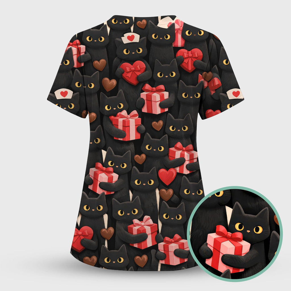 Black Cat Valentine Nurse Scrub Top, Heart Pattern Medical Shirt, Breathable Fabrics Nursing Uniform