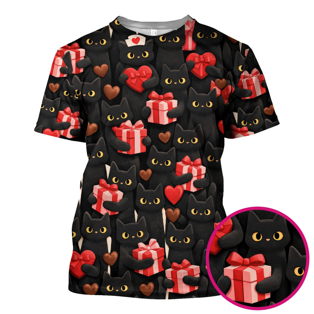 Black Cat Valentine Nurse Scrub Top, Heart Pattern Medical Shirt, Breathable Fabrics Nursing Uniform
