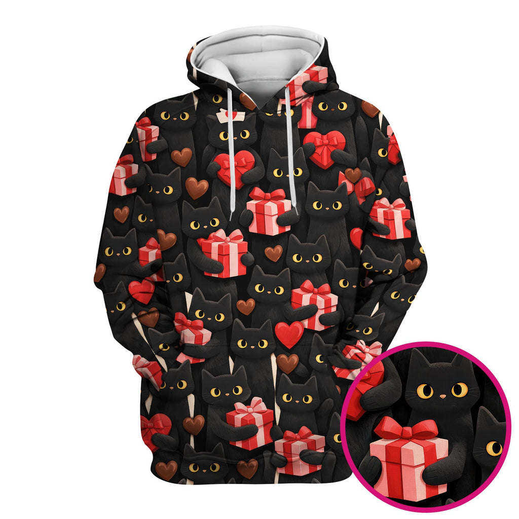 Black Cat Valentine Nurse Scrub Top, Heart Pattern Medical Shirt, Breathable Fabrics Nursing Uniform