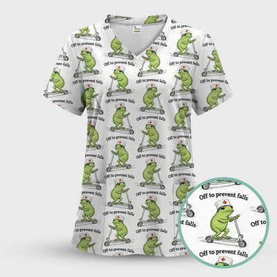 Funny Nurse Scrub Top, Off To Prevent Falls Nursing Shirt, Breathable Fabrics Nursing Uniform