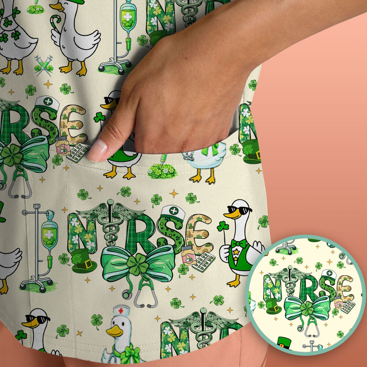 Funny Goose Nurse Shamrock Scrub Top, St. Patrick’s Day Nurse Pattern Shirt, Breathable Fabrics Nursing Uniform