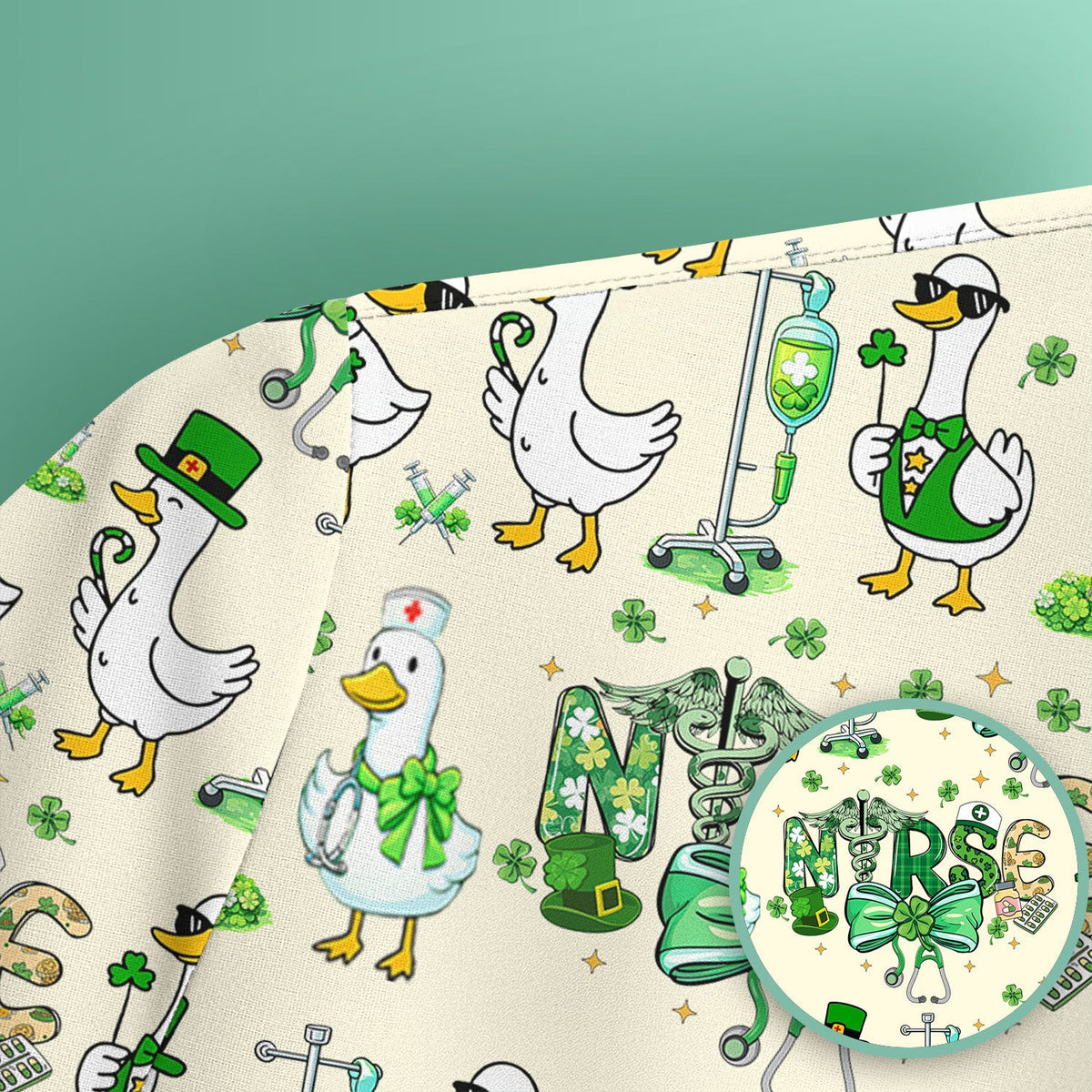Funny Goose Nurse Shamrock Scrub Top, St. Patrick’s Day Nurse Pattern Shirt, Breathable Fabrics Nursing Uniform