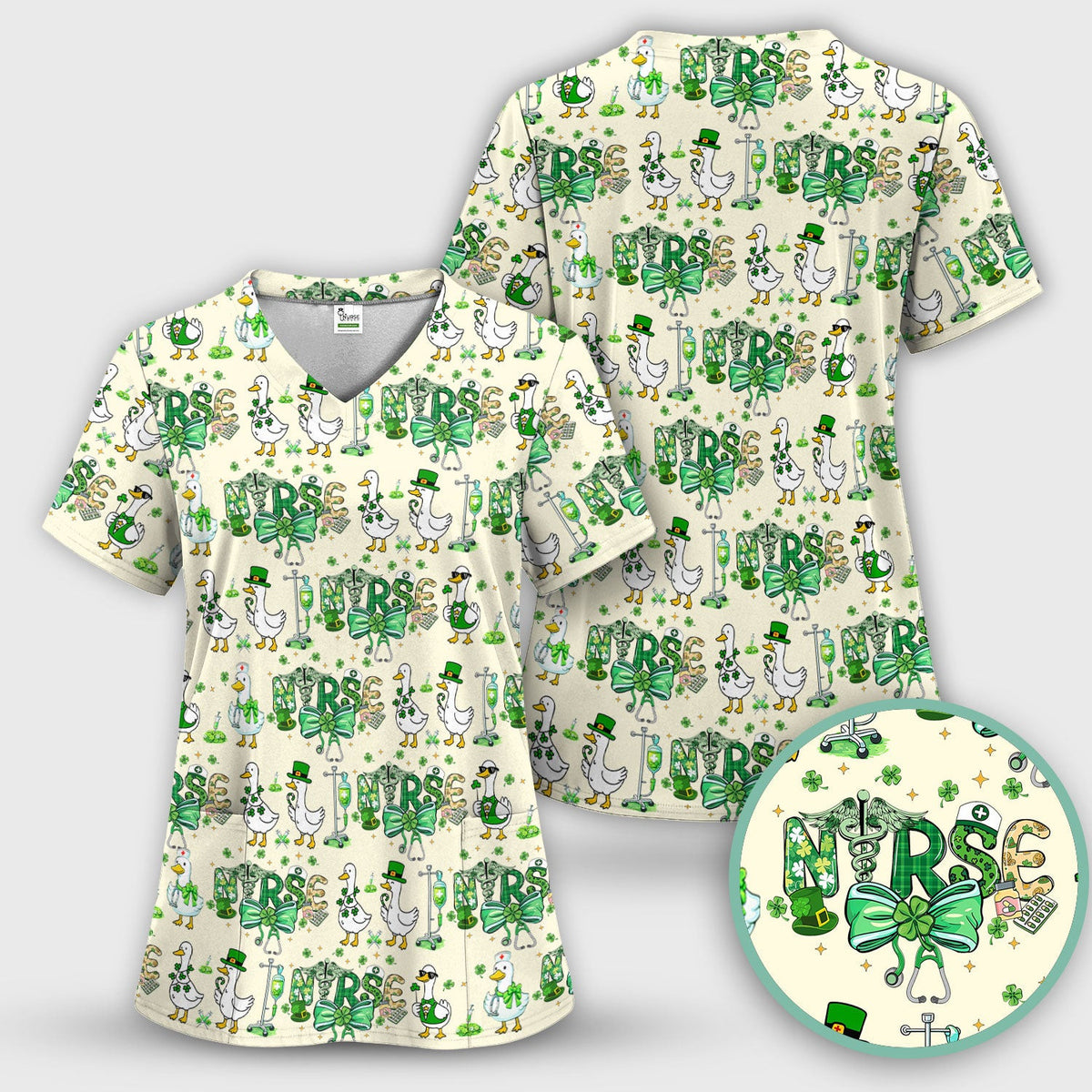 Funny Goose Nurse Shamrock Scrub Top, St. Patrick’s Day Nurse Pattern Shirt, Breathable Fabrics Nursing Uniform