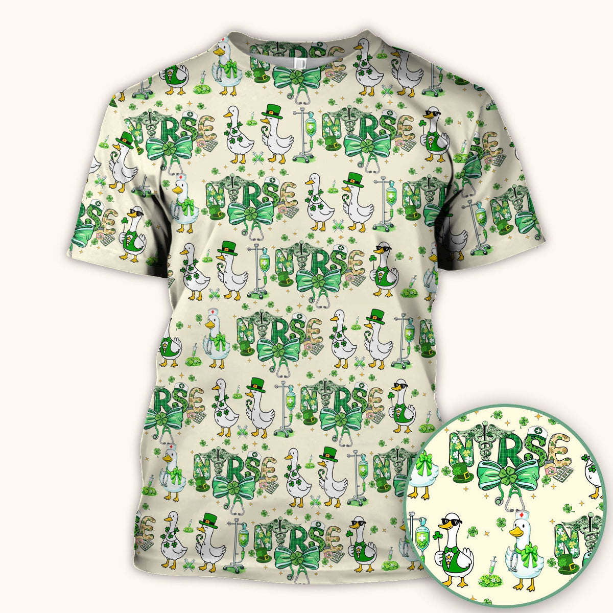 Funny Goose Nurse Shamrock Scrub Top, St. Patrick’s Day Nurse Pattern Shirt, Breathable Fabrics Nursing Uniform