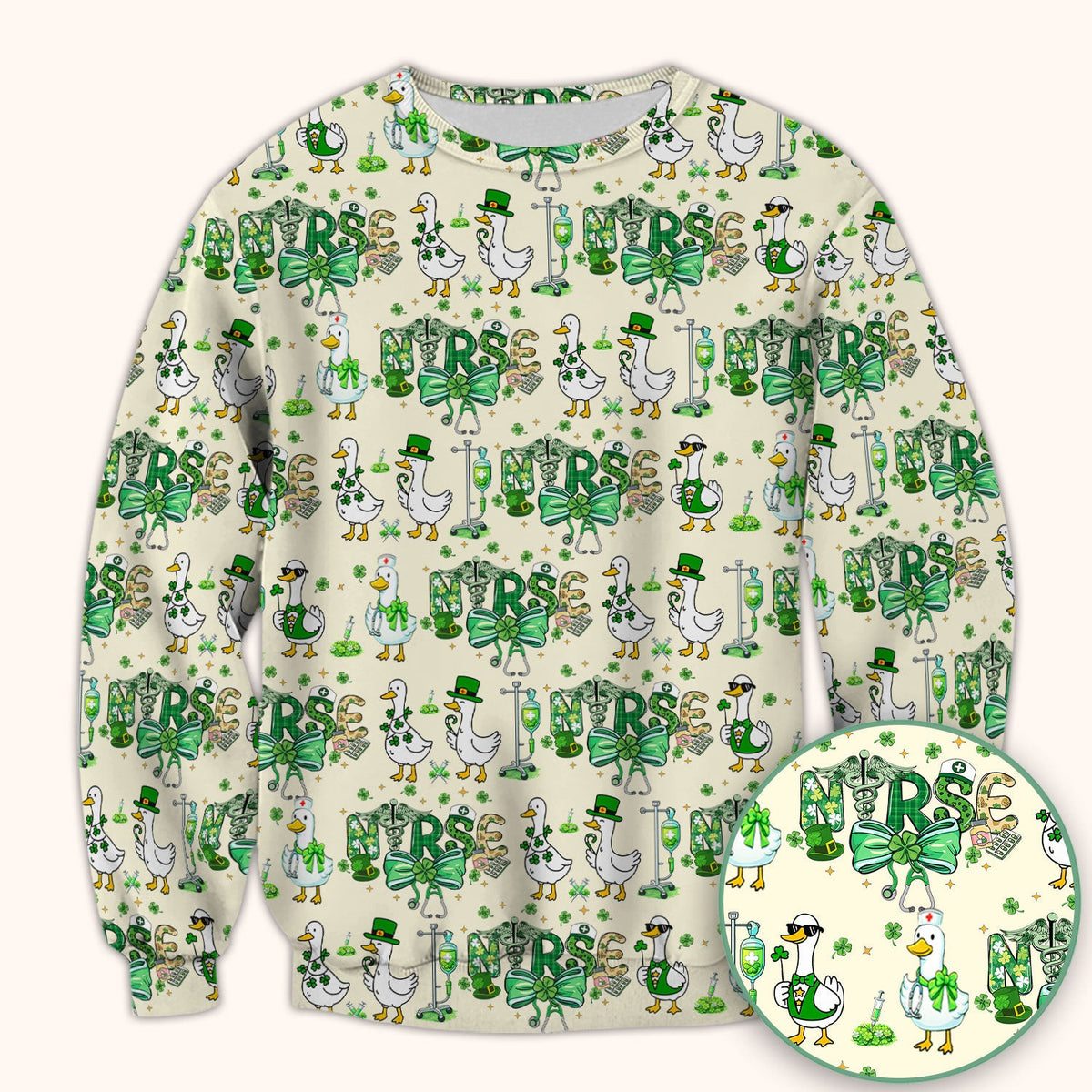 Funny Goose Nurse Shamrock Scrub Top, St. Patrick’s Day Nurse Pattern Shirt, Breathable Fabrics Nursing Uniform