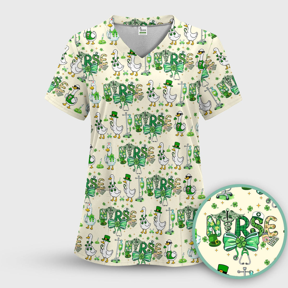 Funny Goose Nurse Shamrock Scrub Top, St. Patrick’s Day Nurse Pattern Shirt, Breathable Fabrics Nursing Uniform