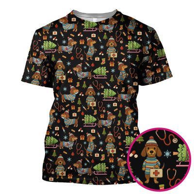 Dachshund Dog Scrub For Nurse, Funny Wiener Dog Lover Gift, Cute Dog 3D Knit Pattern Shirt
