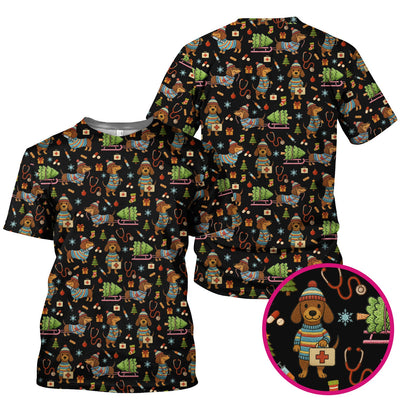 Dachshund Dog Scrub For Nurse, Funny Wiener Dog Lover Gift, Cute Dog 3D Knit Pattern Shirt