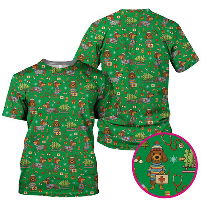 Dachshund Dog Scrub For Nurse, Funny Wiener Dog Lover Gift, Cute Dog 3D Knit Pattern Shirt