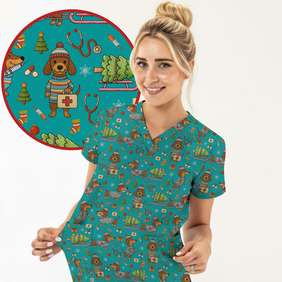 Dachshund Dog Scrub For Nurse, Funny Wiener Dog Lover Gift, Cute Dog 3D Knit Pattern Shirt