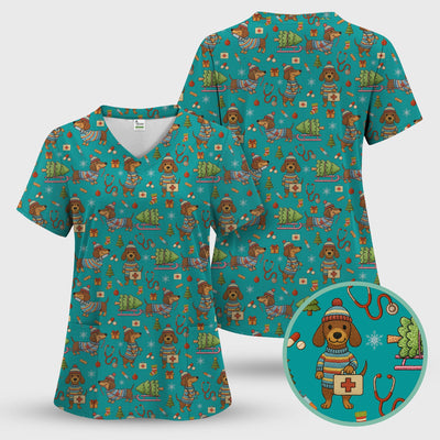 Dachshund Dog Scrub For Nurse, Funny Wiener Dog Lover Gift, Cute Dog 3D Knit Pattern Shirt