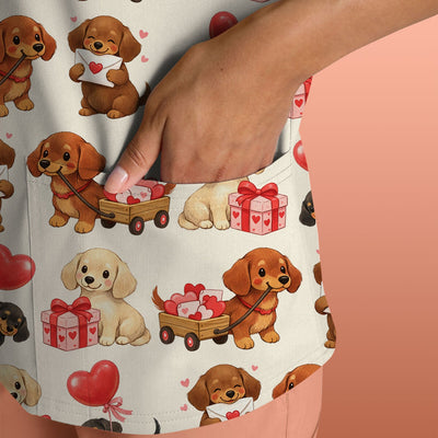 Cute Dachshund Nurse Scrub Top For Nurses, Wiener Dog Pattern Nurse Shirt, Breathable Fabrics Nursing Uniform
