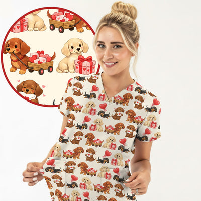 Cute Dachshund Nurse Scrub Top For Nurses, Wiener Dog Pattern Nurse Shirt, Breathable Fabrics Nursing Uniform