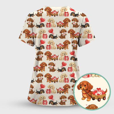Cute Dachshund Nurse Scrub Top For Nurses, Wiener Dog Pattern Nurse Shirt, Breathable Fabrics Nursing Uniform