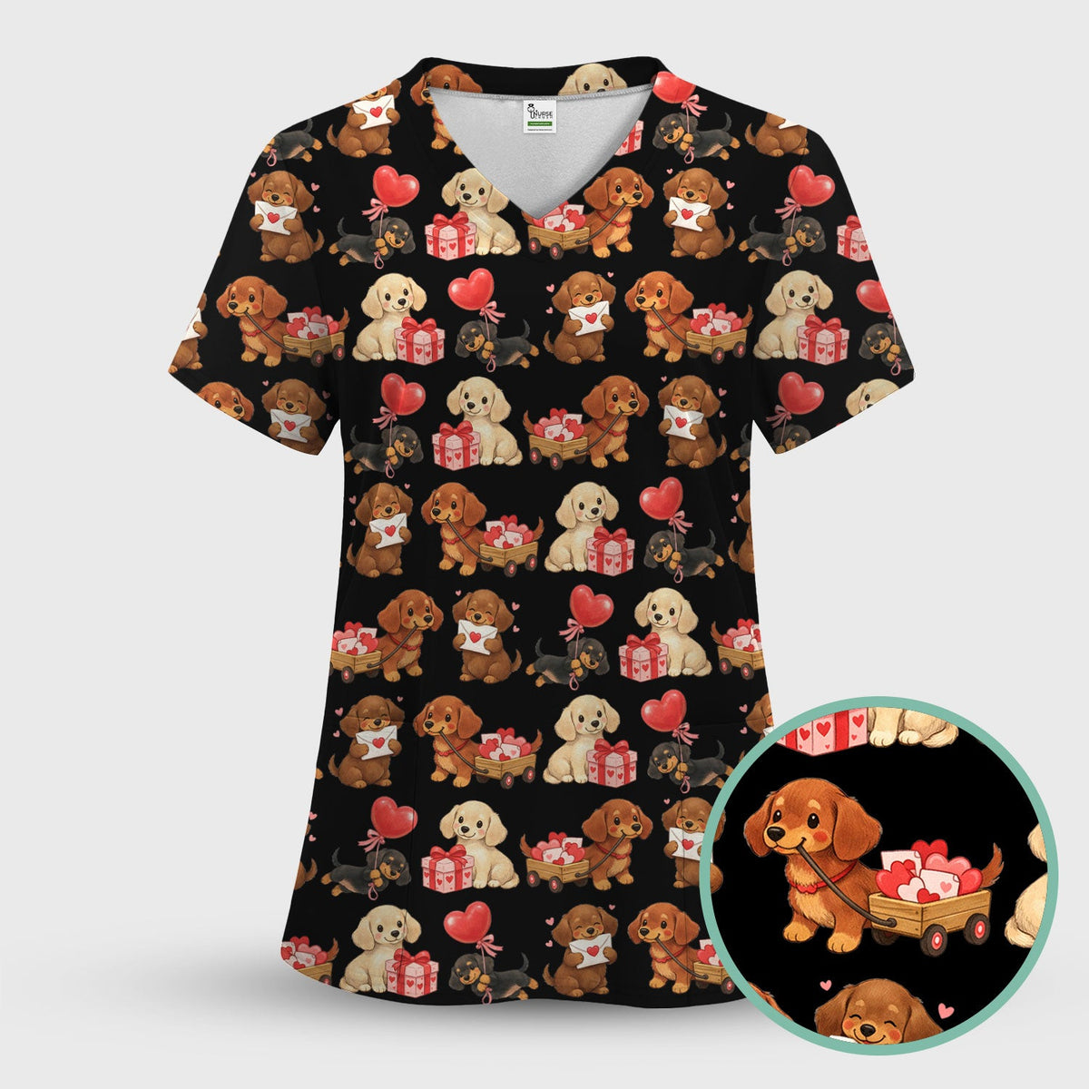 Cute Dachshund Nurse Scrub Top For Nurses, Wiener Dog Pattern Nurse Shirt, Breathable Fabrics Nursing Uniform