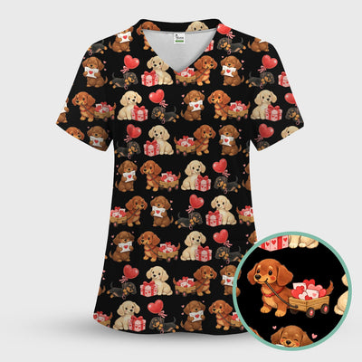 Cute Dachshund Nurse Scrub Top For Nurses, Wiener Dog Pattern Nurse Shirt, Breathable Fabrics Nursing Uniform