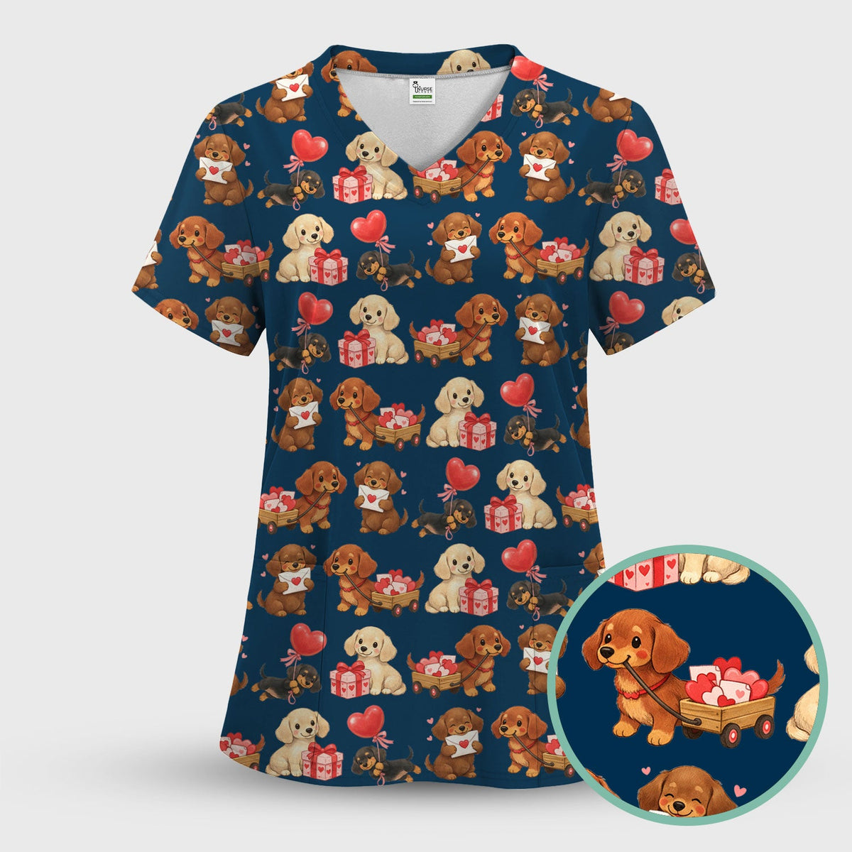 Cute Dachshund Nurse Scrub Top For Nurses, Wiener Dog Pattern Nurse Shirt, Breathable Fabrics Nursing Uniform