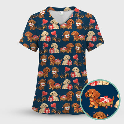 Cute Dachshund Nurse Scrub Top For Nurses, Wiener Dog Pattern Nurse Shirt, Breathable Fabrics Nursing Uniform