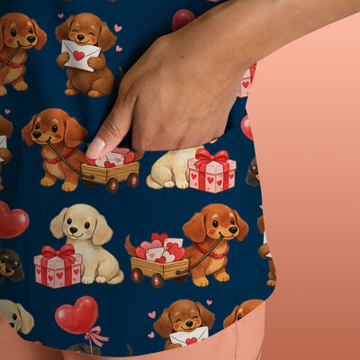 Cute Dachshund Nurse Scrub Top For Nurses, Wiener Dog Pattern Nurse Shirt, Breathable Fabrics Nursing Uniform