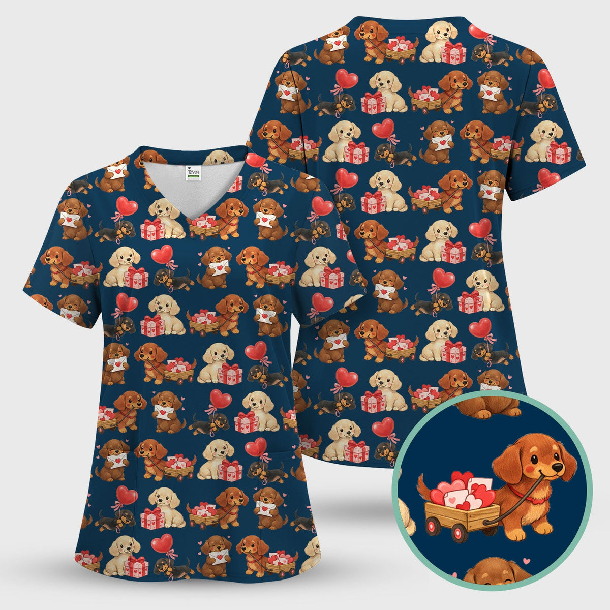 Cute Dachshund Nurse Scrub Top For Nurses, Wiener Dog Pattern Nurse Shirt, Breathable Fabrics Nursing Uniform