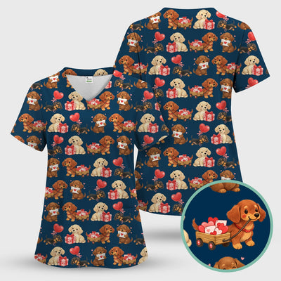Cute Dachshund Nurse Scrub Top For Nurses, Wiener Dog Pattern Nurse Shirt, Breathable Fabrics Nursing Uniform