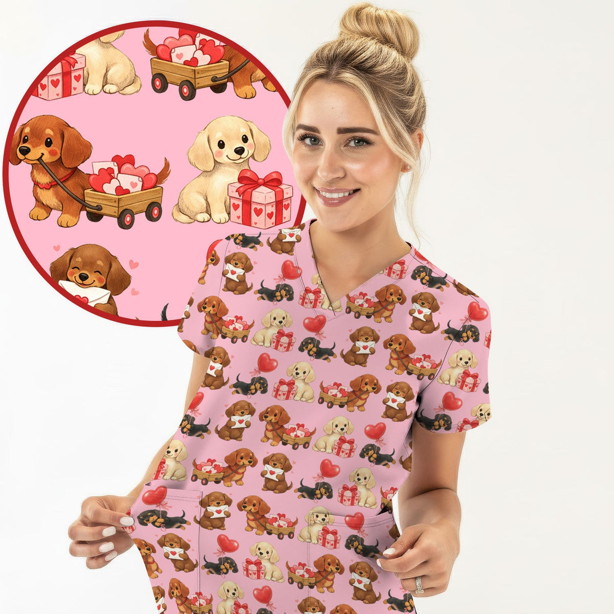 Cute Dachshund Nurse Scrub Top For Nurses, Wiener Dog Pattern Nurse Shirt, Breathable Fabrics Nursing Uniform