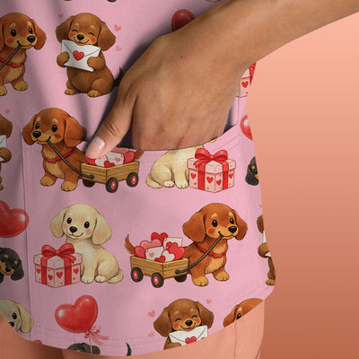 Cute Dachshund Nurse Scrub Top For Nurses, Wiener Dog Pattern Nurse Shirt, Breathable Fabrics Nursing Uniform