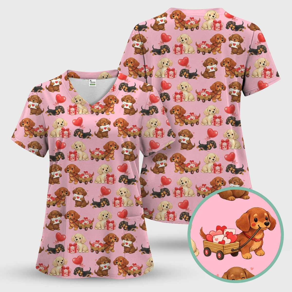 Cute Dachshund Nurse Scrub Top For Nurses, Wiener Dog Pattern Nurse Shirt, Breathable Fabrics Nursing Uniform