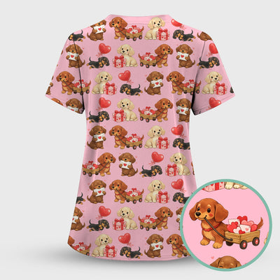 Cute Dachshund Nurse Scrub Top For Nurses, Wiener Dog Pattern Nurse Shirt, Breathable Fabrics Nursing Uniform