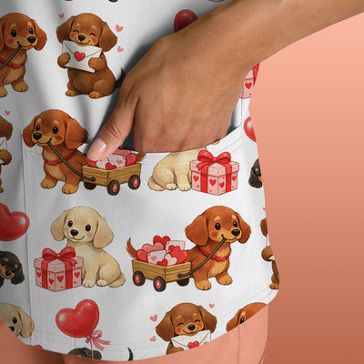 Cute Dachshund Nurse Scrub Top For Nurses, Wiener Dog Pattern Nurse Shirt, Breathable Fabrics Nursing Uniform