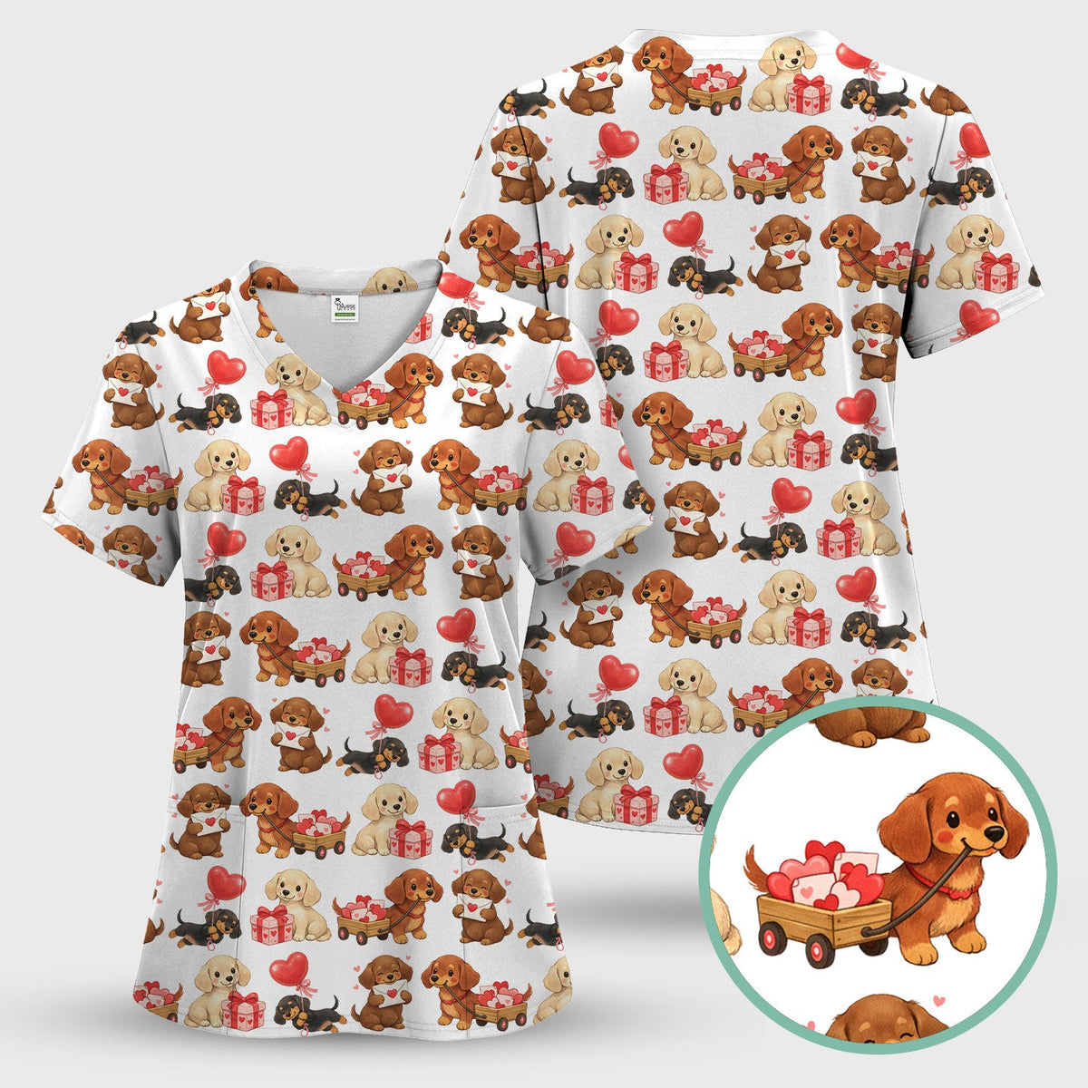Cute Dachshund Nurse Scrub Top For Nurses, Wiener Dog Pattern Nurse Shirt, Breathable Fabrics Nursing Uniform