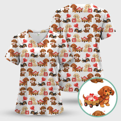 Cute Dachshund Nurse Scrub Top For Nurses, Wiener Dog Pattern Nurse Shirt, Breathable Fabrics Nursing Uniform