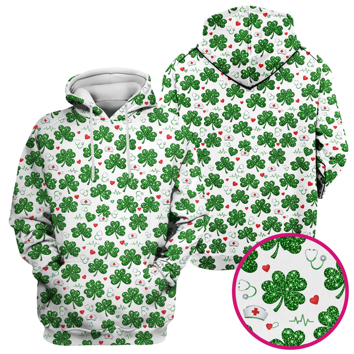 St. Patrick’s Day Nurse Scrub Top, Green Clover Medical Pattern Shirt, Breathable Fabrics Nursing Uniform